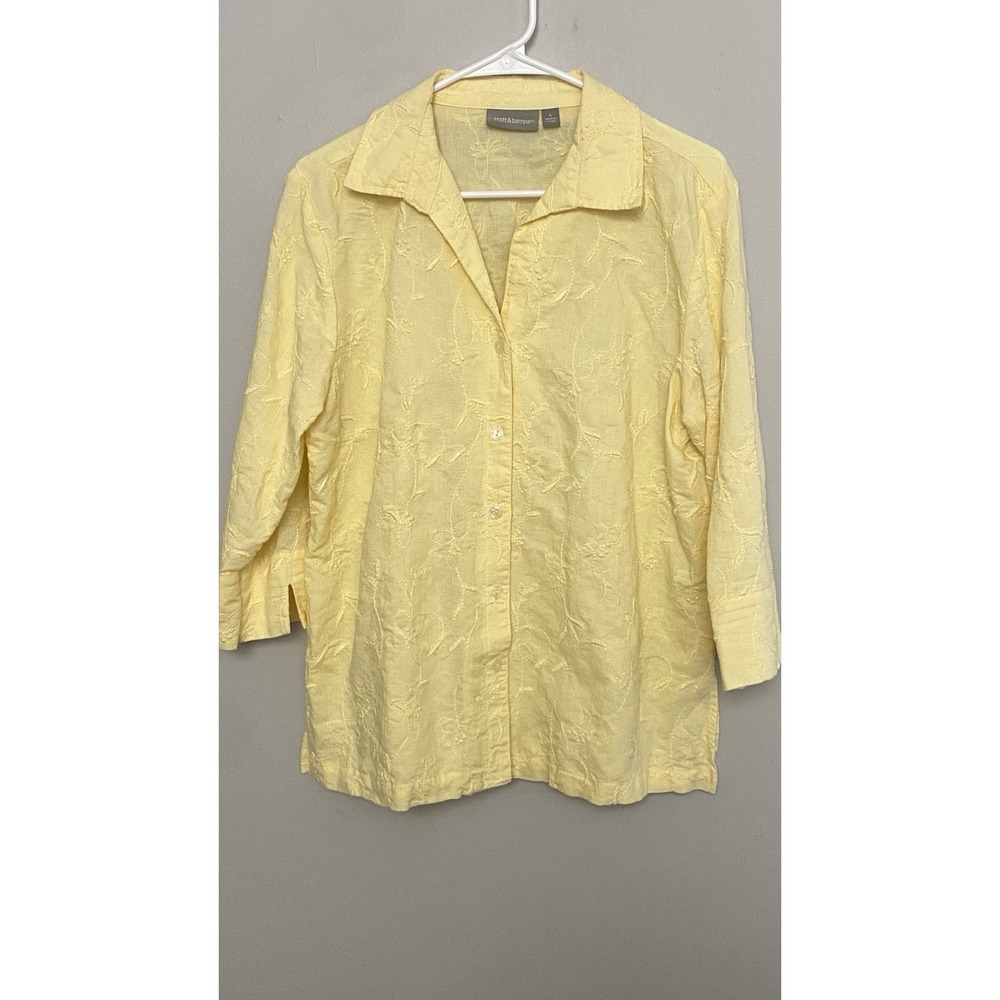 Womans Button Up Shirt Sz Large Linen Blend 3/4 sleeve Embroidered Butter Yellow - Picture 2 of 7